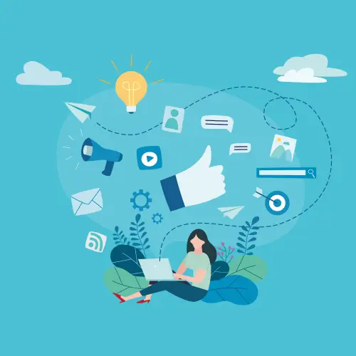 flat illustration of girl with laptop while digital marketing icons (social, search, mail, etc) float around her