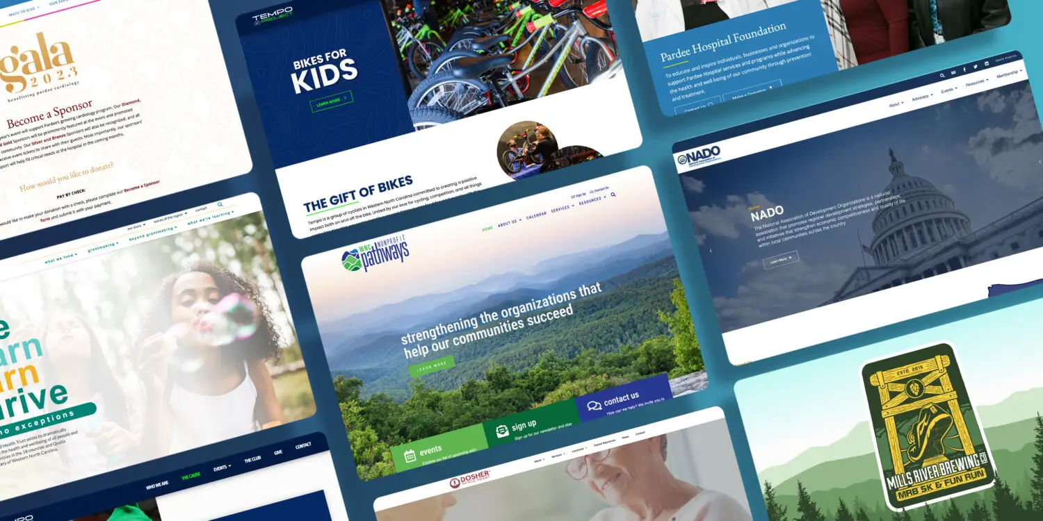 Composite image of several non-profit websites designed by Beck Digital