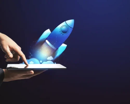 Hand,Launching,Digital,Rocket,From,Tablet.,Start,Up,And,Innovation