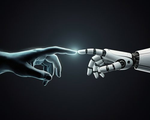 Modern,Collage,With,Halftone,Human,Hand,Touching,Robots,Hand.,Fight